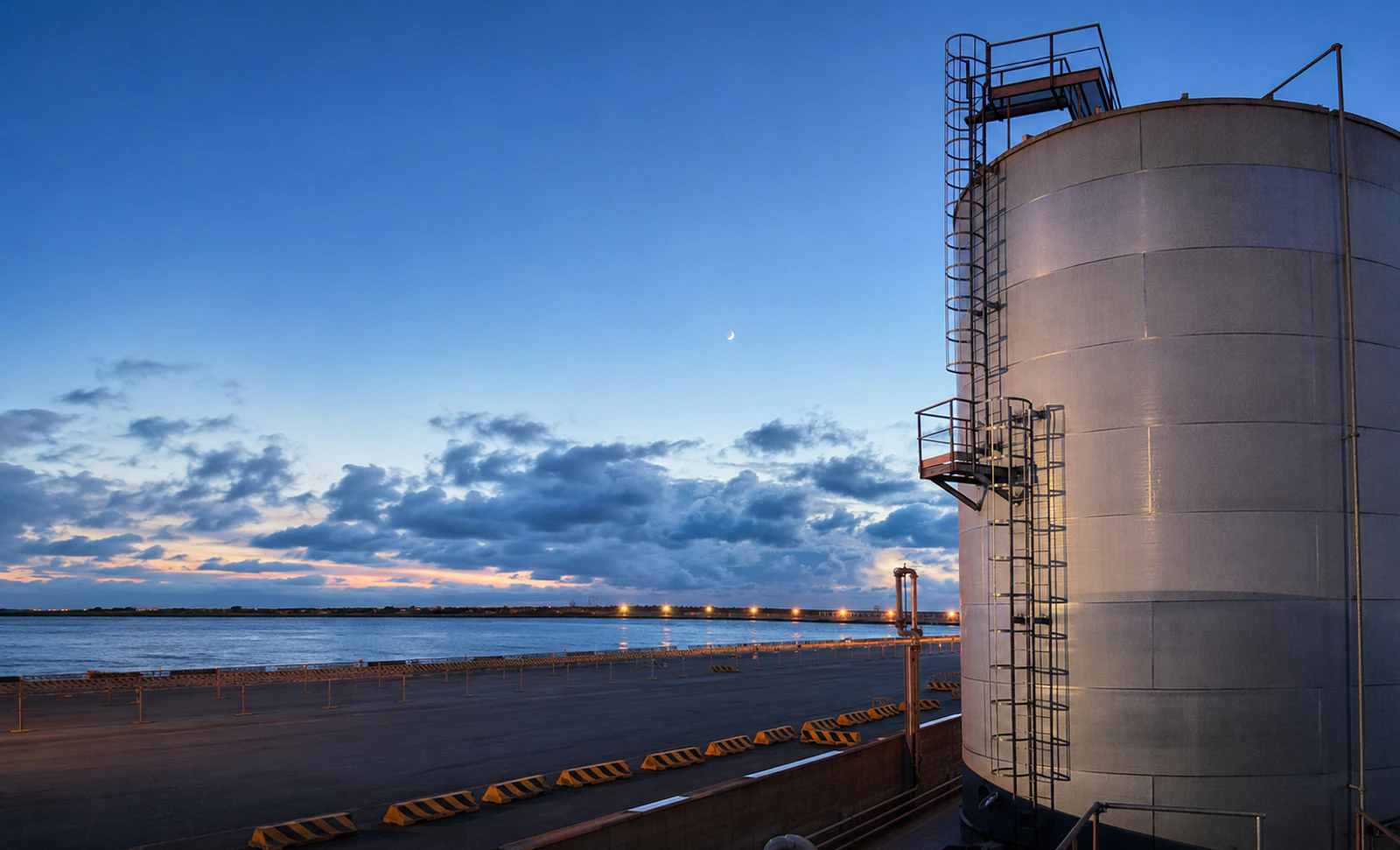 Bulk liquid storage tank overlooking the Port of Civitavecchia at dusk